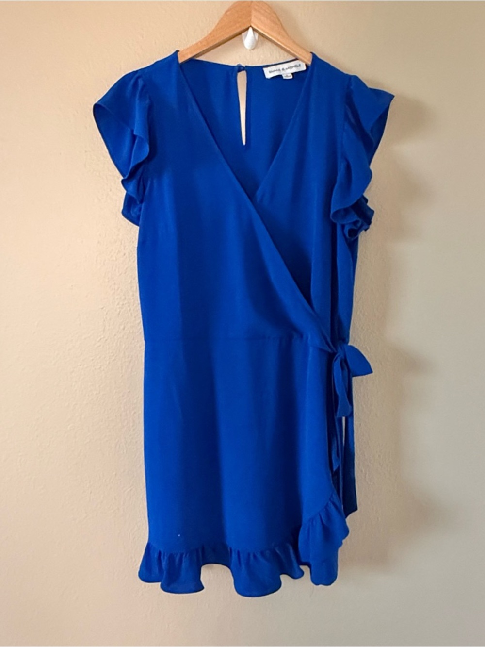 Emma & Michele Royal Blue Wrap Ruffle Mini Dress - Picture 2 of 4
